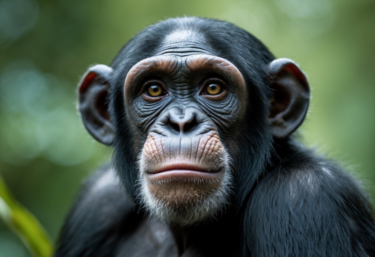 Close-up of a chimpanzee looking thoughtfully with a blurred green forest background.