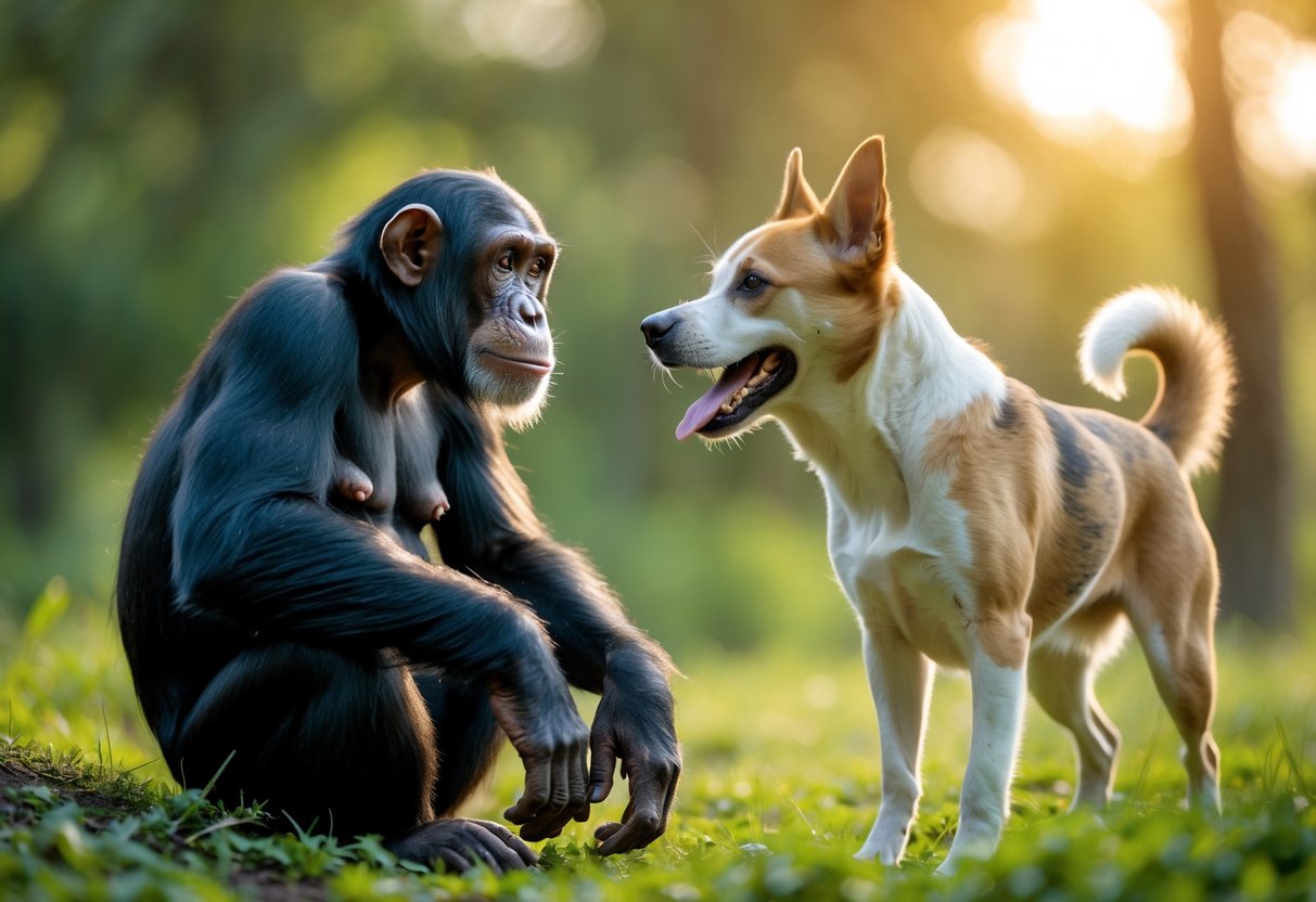 A chimpanzee sitting on grass looking at a standing dog in a green outdoor setting.