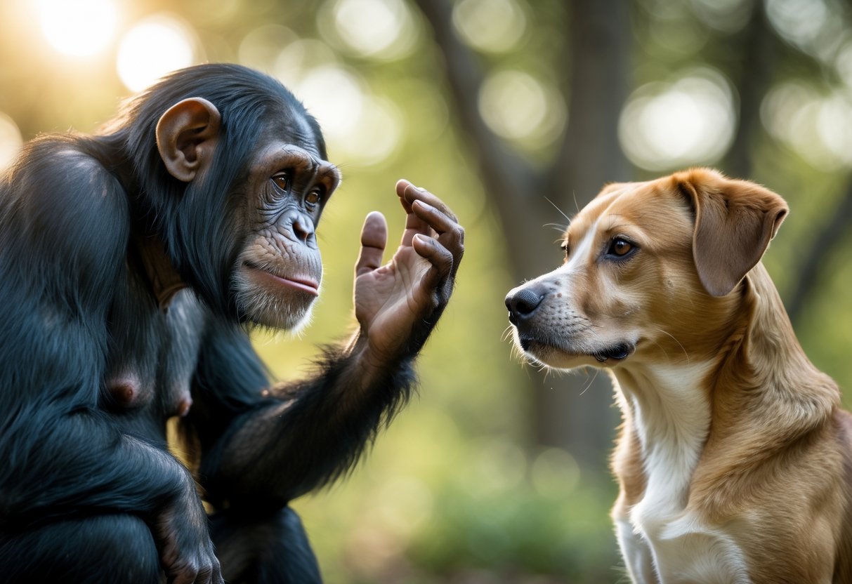 A chimpanzee and a dog sitting facing each other outdoors, both appearing attentive and engaged.