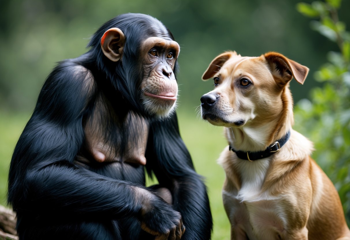 A chimpanzee and a dog sitting next to each other outdoors, looking at each other attentively.