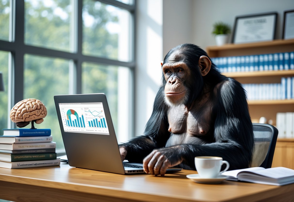 A chimpanzee sitting at a desk looking at a laptop surrounded by books and a brain model in a bright office.