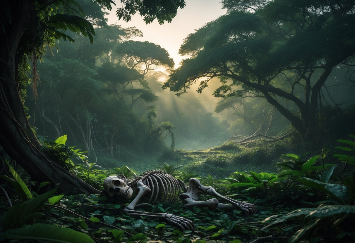 A prehistoric jungle scene showing a chimpanzee skeleton lying on the forest floor surrounded by dense plants and trees.