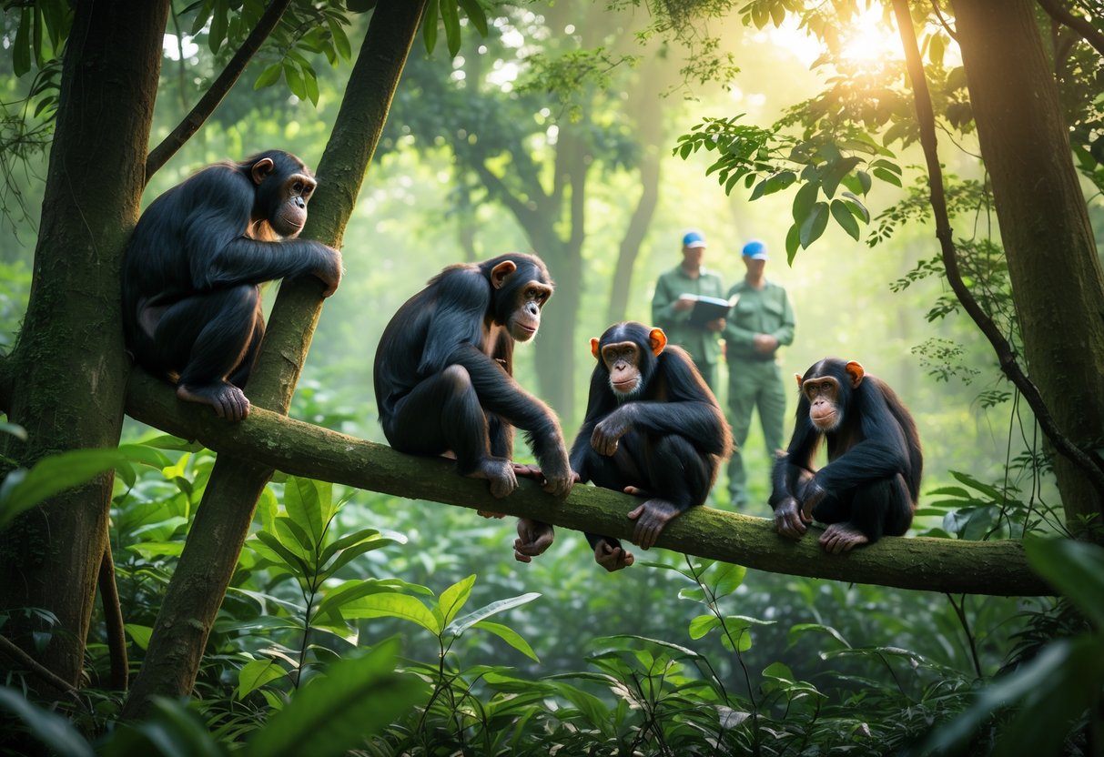 Chimpanzees in a green rainforest with conservationists observing them in the background.