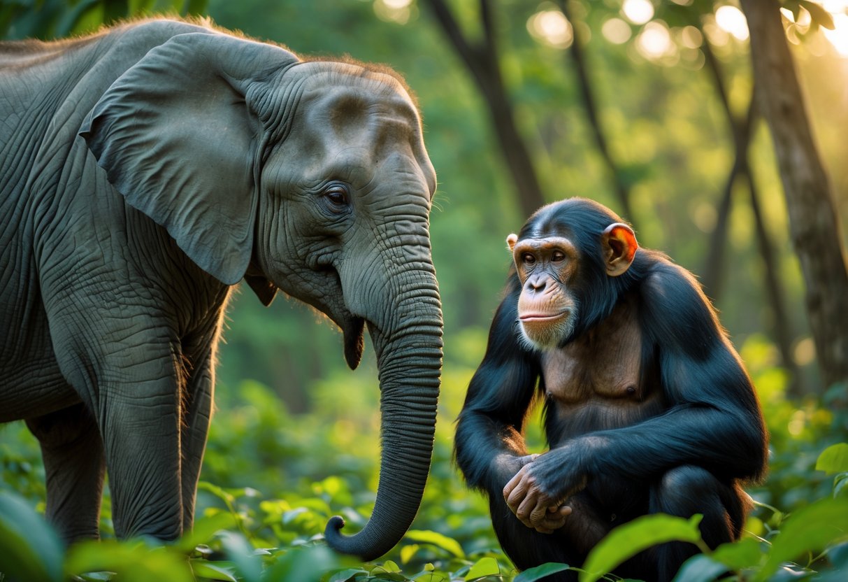 An elephant and a chimpanzee facing each other in a forest clearing.