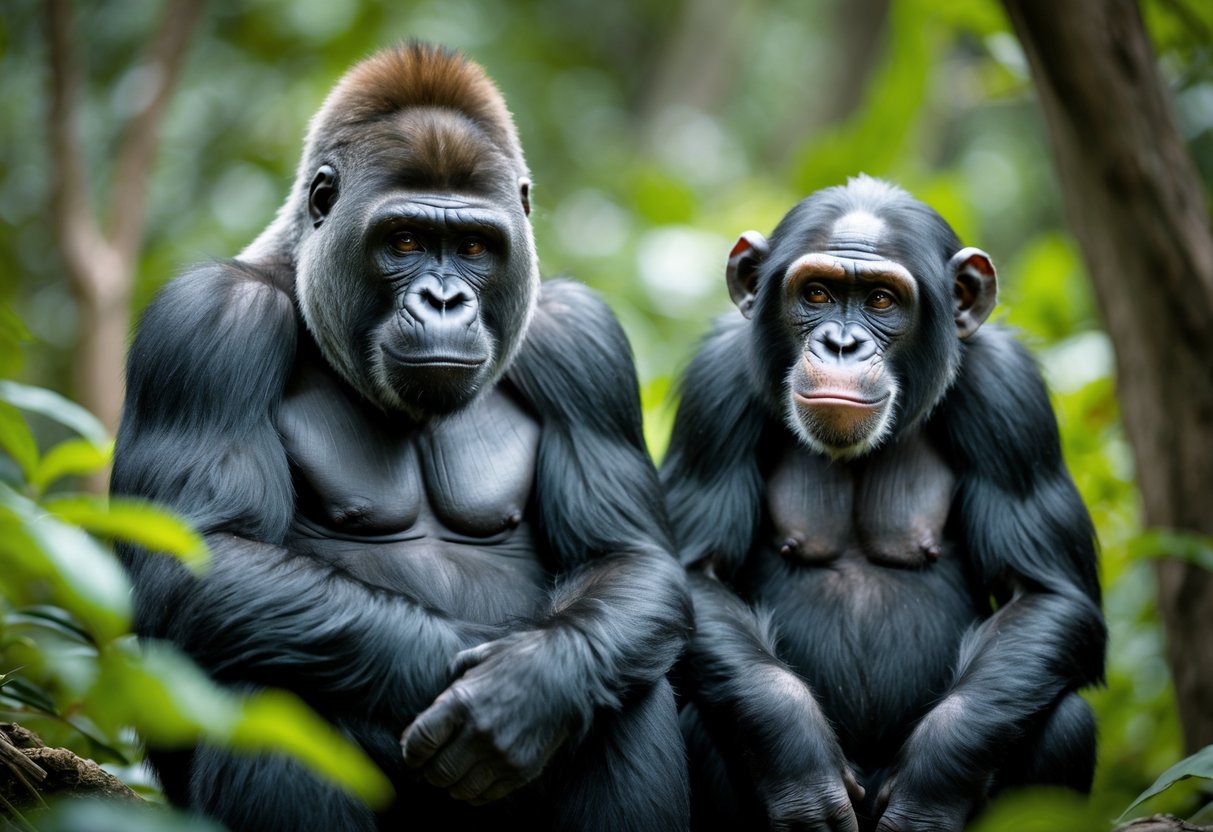 A gorilla and a chimpanzee sitting side by side in a forest, both looking thoughtful and alert.