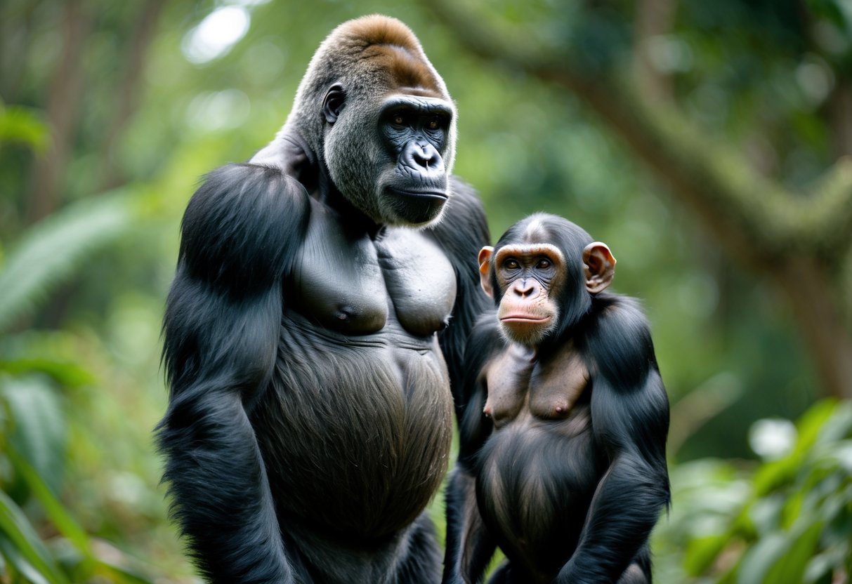 A gorilla and a chimpanzee standing side by side in a forest, showing the gorilla is much larger than the chimpanzee.