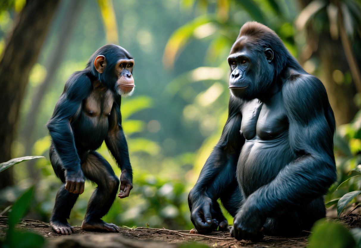 A chimpanzee and a gorilla facing each other in a jungle setting.