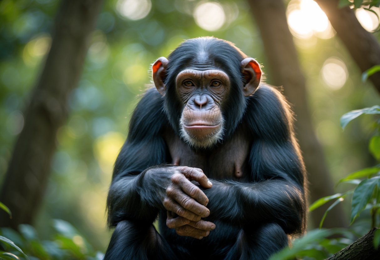 A chimpanzee sitting thoughtfully in a forest with focused eyes and clasped hands.