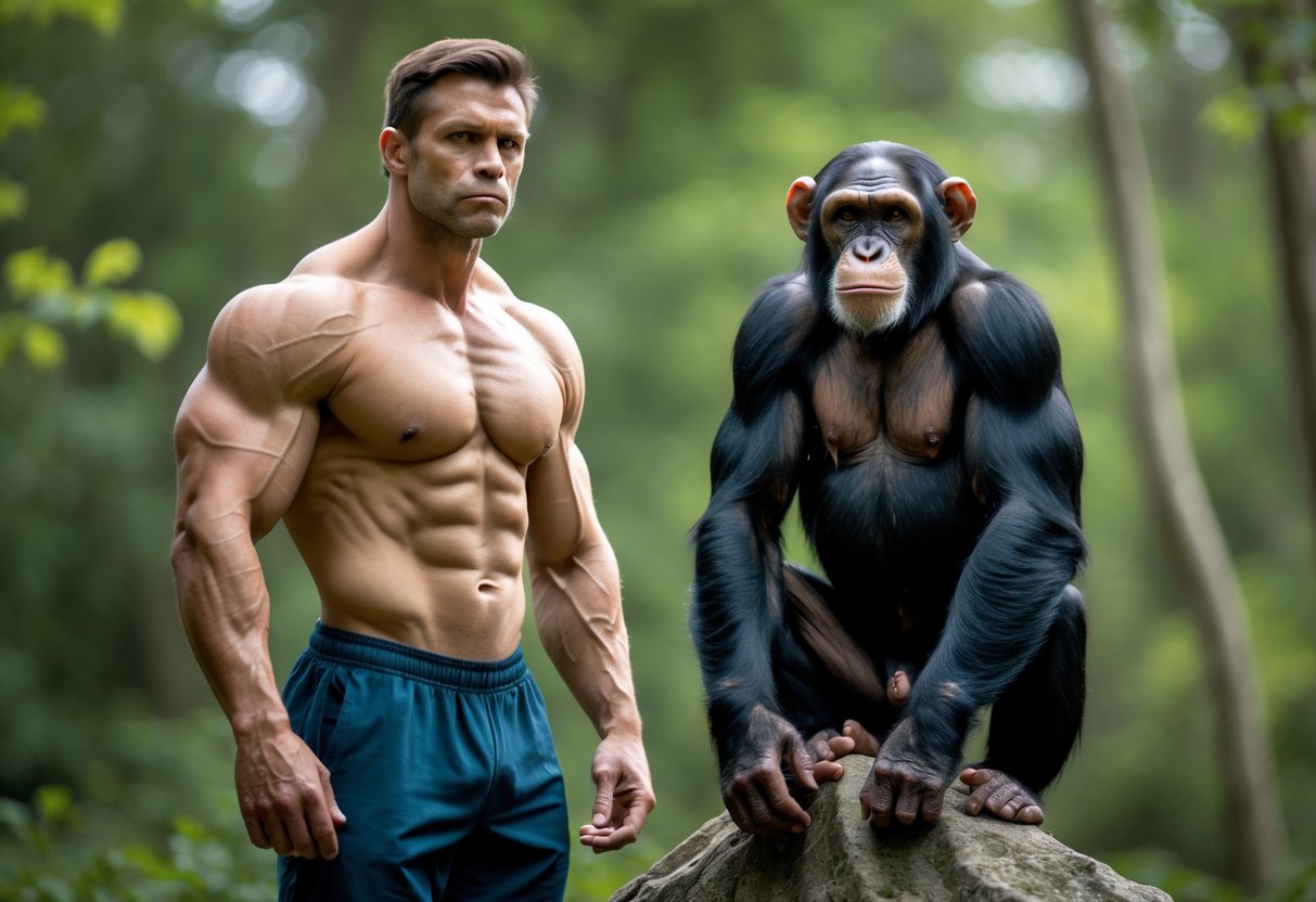 A muscular man standing next to a strong chimpanzee in a green forest setting.