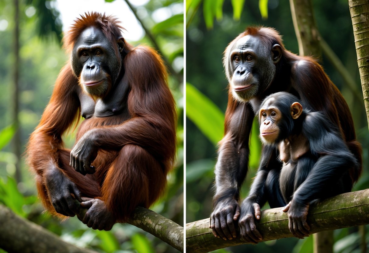 An adult orangutan sitting on a tree branch next to a smaller chimpanzee in a jungle setting.