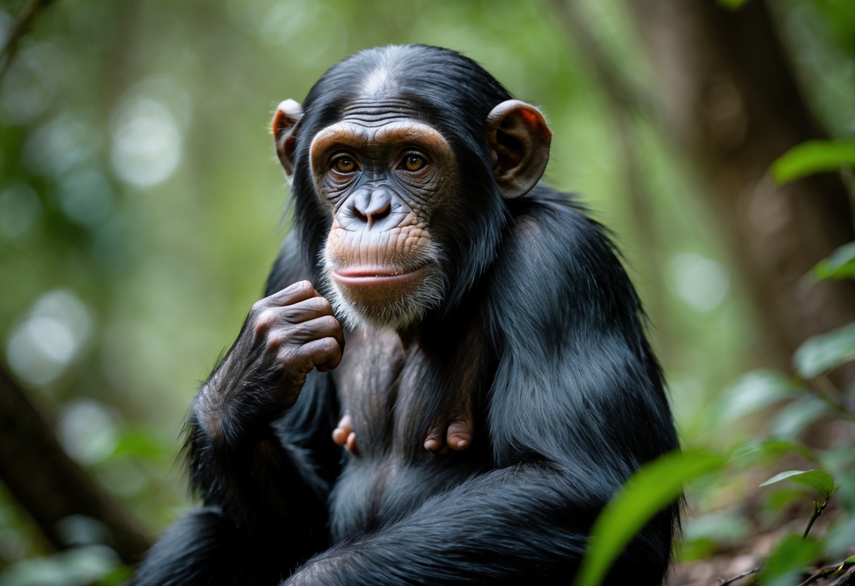 A chimpanzee sitting in a forest, looking thoughtfully at the camera with a raised hand near its face.