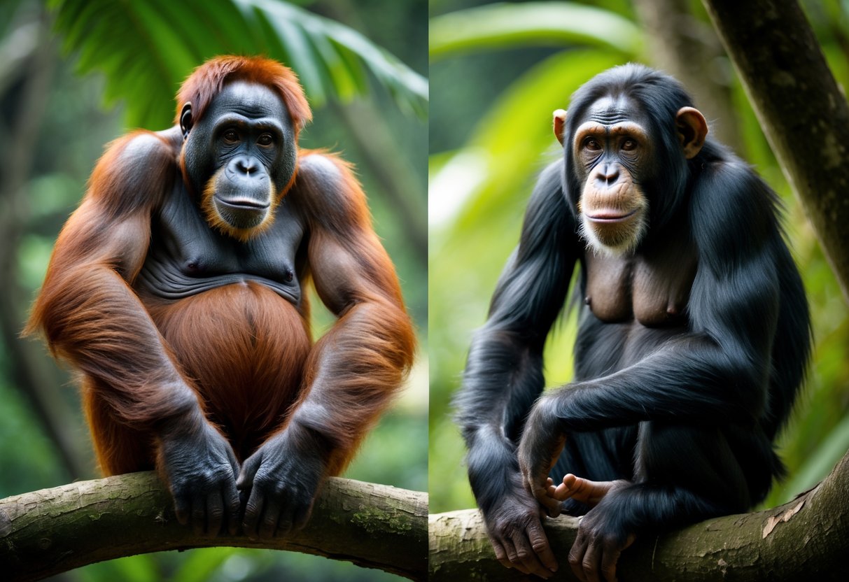 An adult orangutan and a smaller adult chimpanzee side by side in a green rainforest, showing the orangutan is larger.