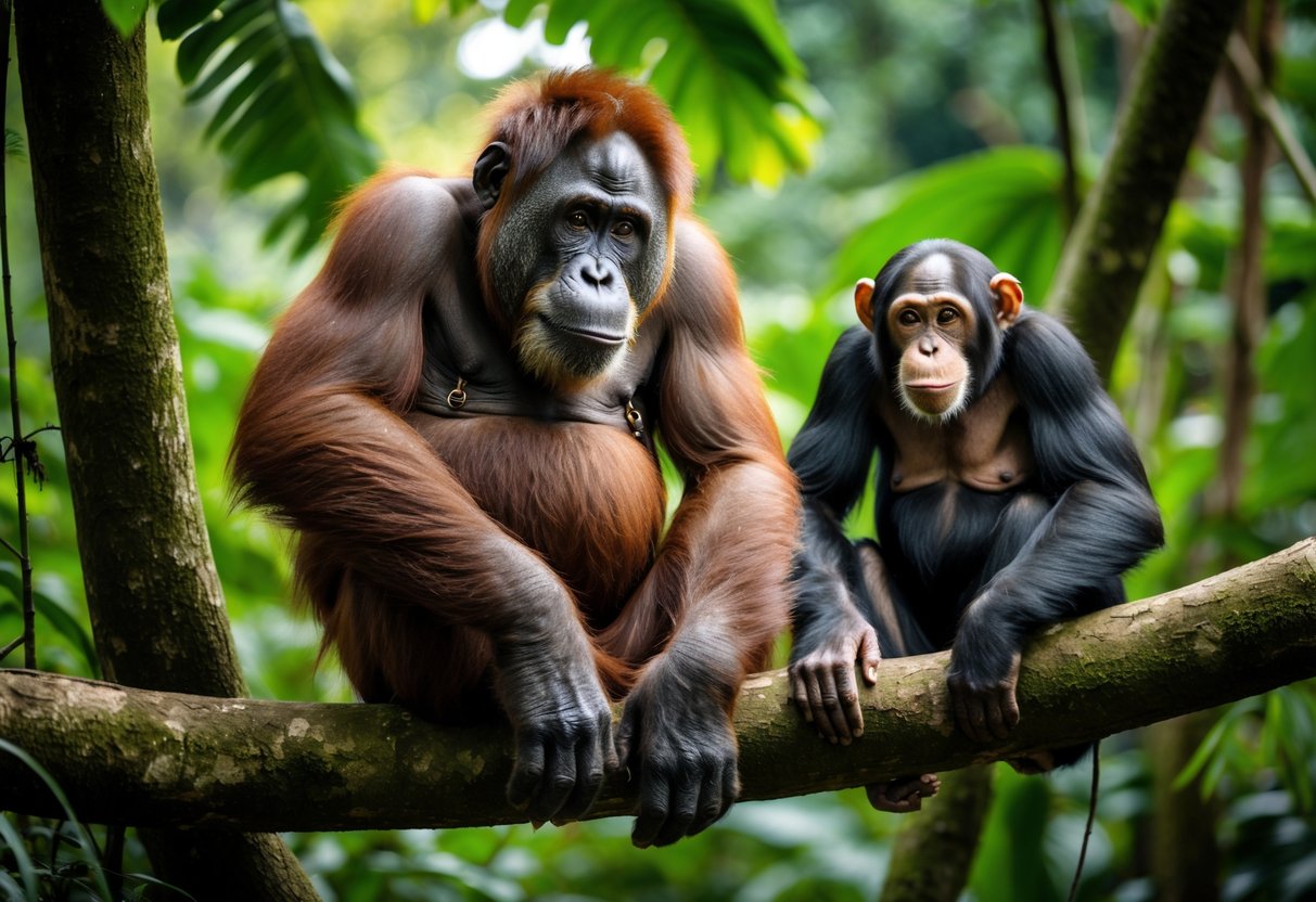 An orangutan and a chimpanzee in a jungle setting, showing the orangutan larger than the chimpanzee.