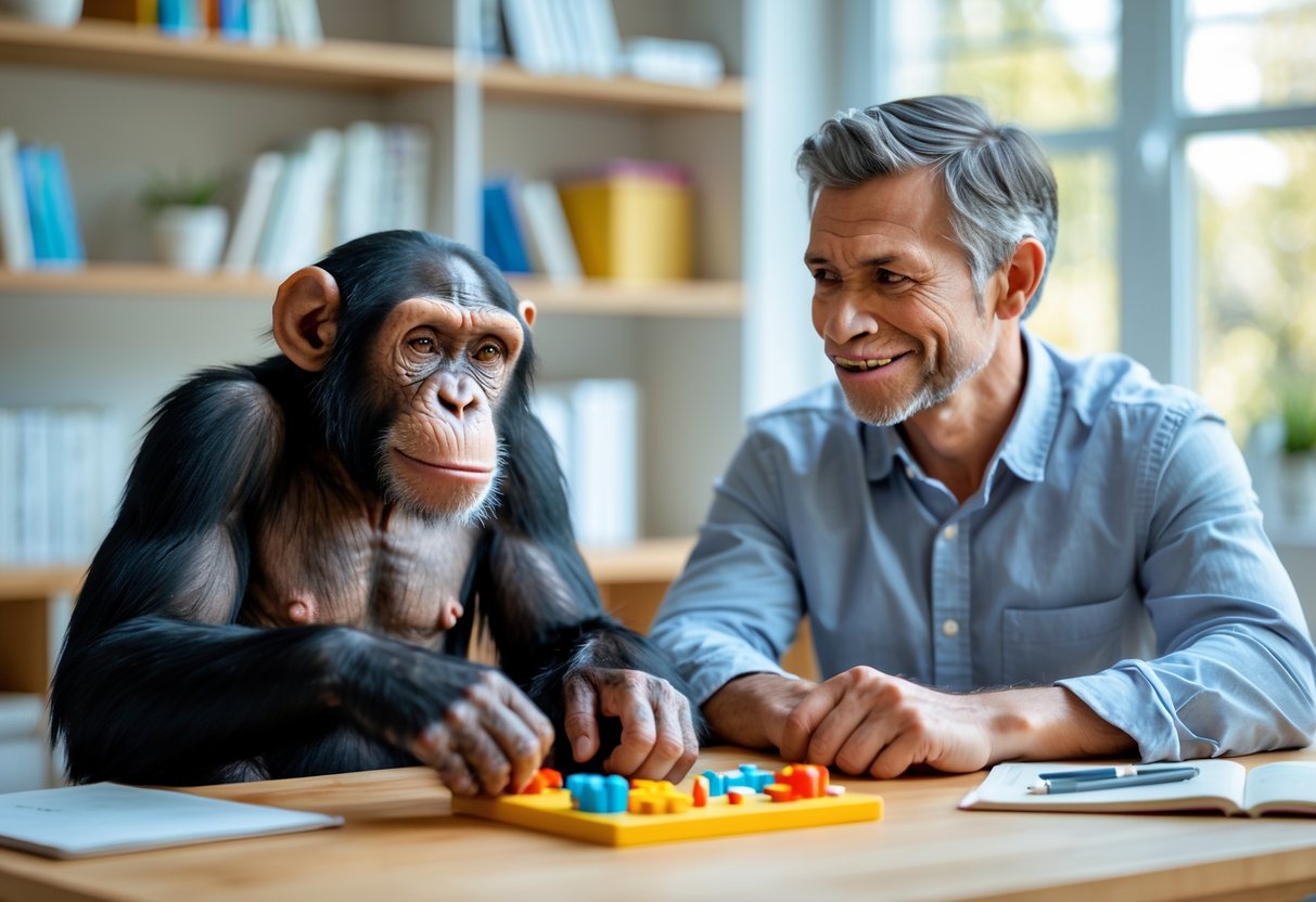 A chimpanzee and a human sitting side by side at a table with brain teaser toys, in a bright study room.