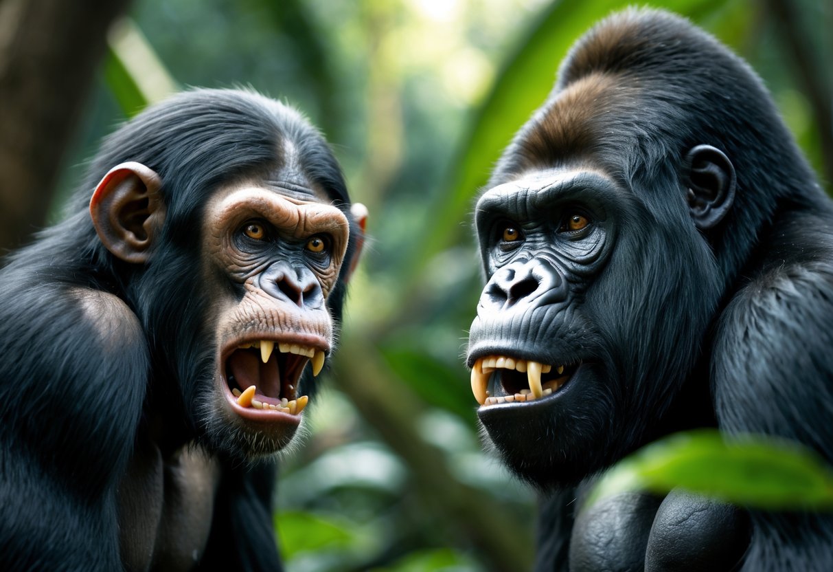 A chimpanzee and a gorilla facing each other closely with intense, aggressive expressions in a jungle environment.