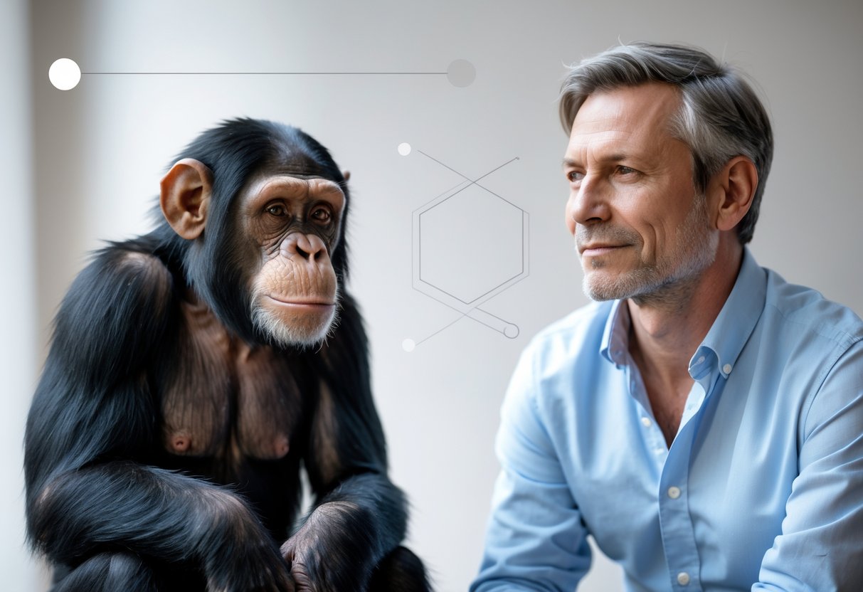 A chimpanzee and a human adult sitting side by side, both looking thoughtful and calm.