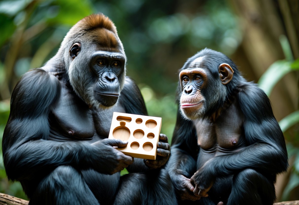 A gorilla and a chimpanzee sitting together in a jungle environment, with the gorilla holding a wooden puzzle and the chimpanzee watching.