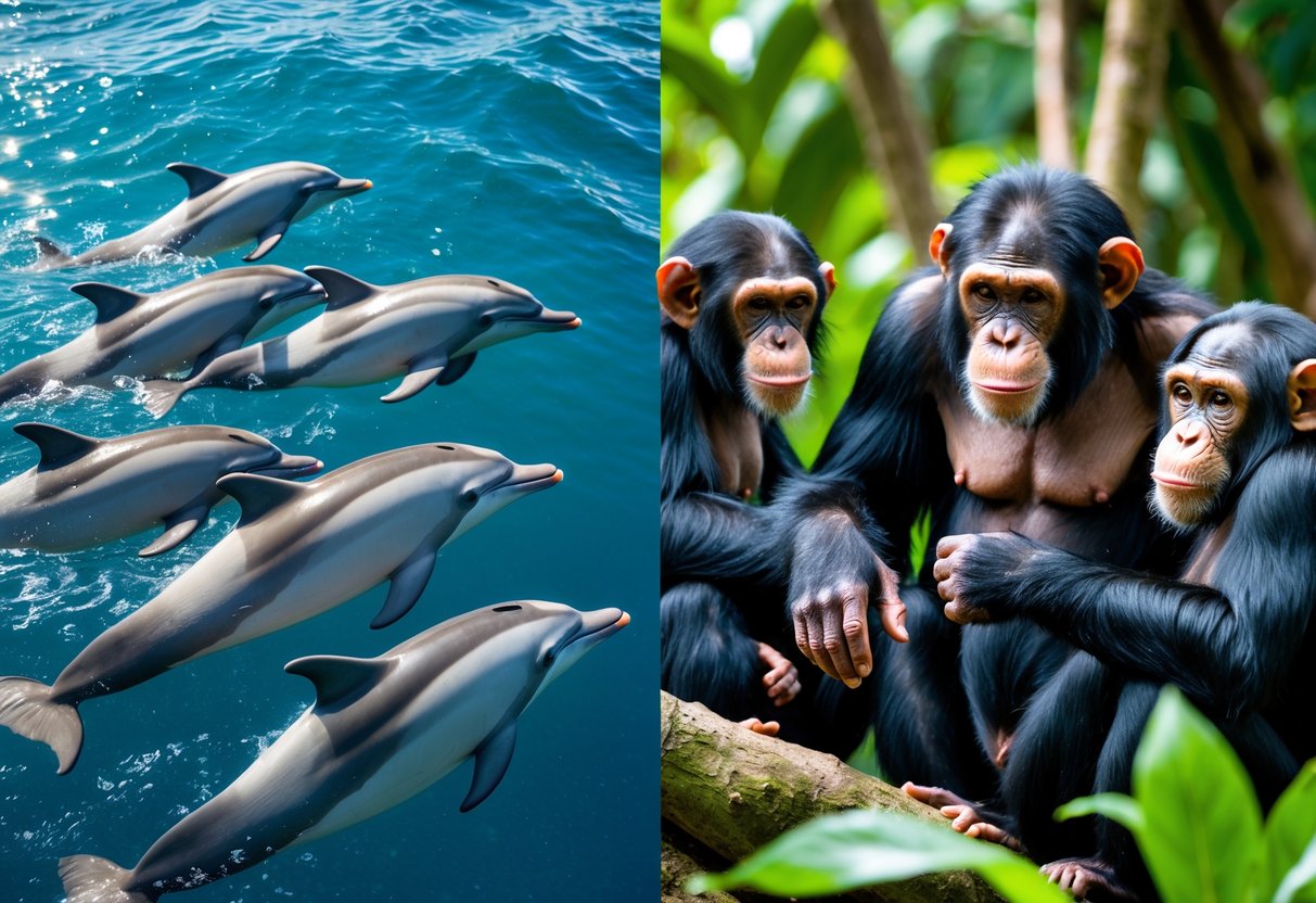 A group of dolphins swimming in clear ocean water next to chimpanzees using tools in a jungle.