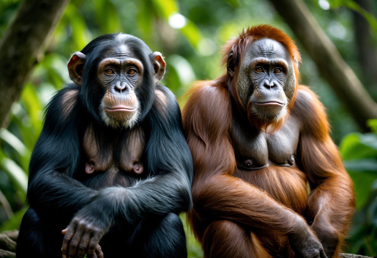 A chimpanzee and an orangutan sitting side by side in a forest setting.