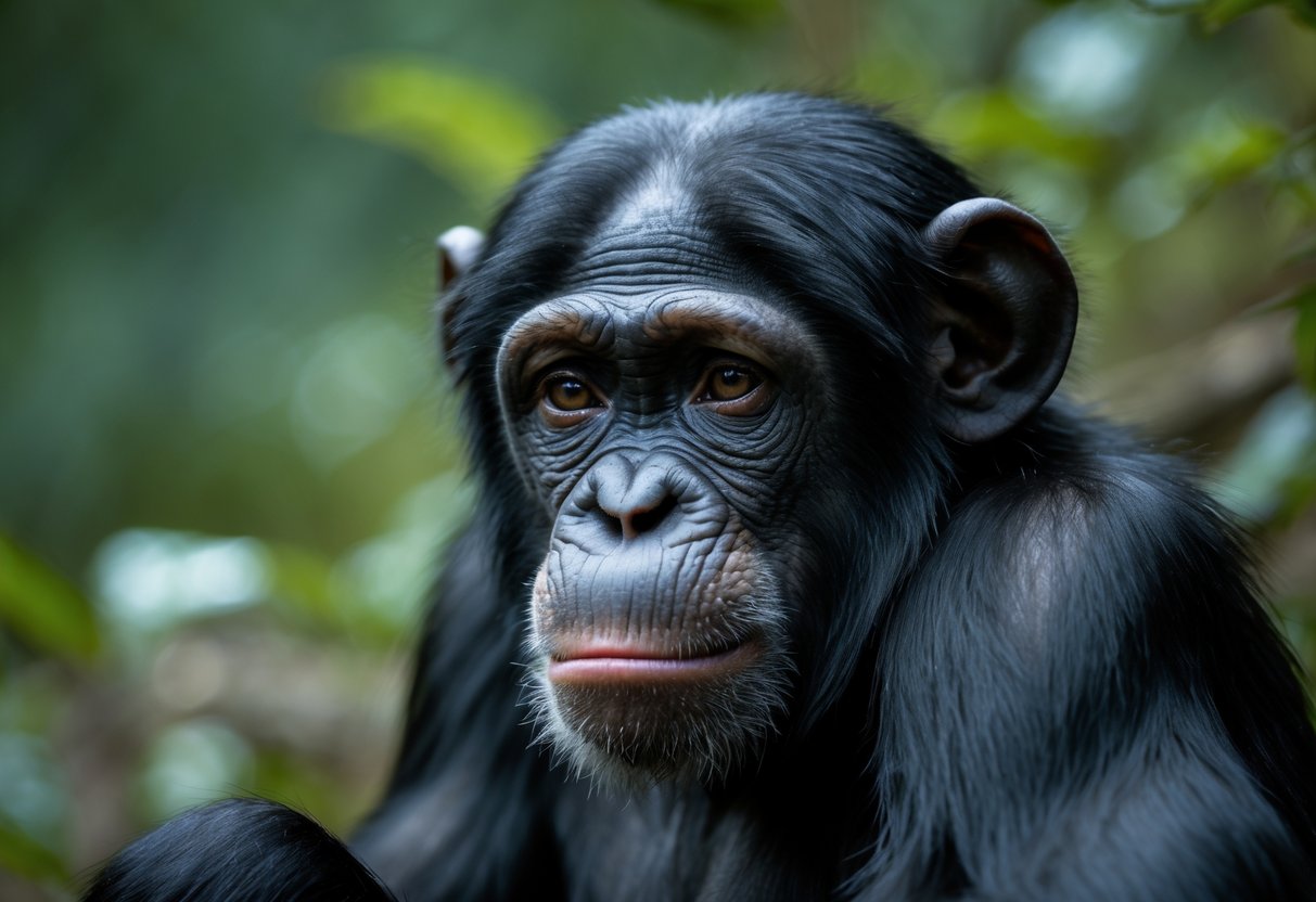 Close-up of a chimpanzee with teary eyes sitting quietly in a forest.