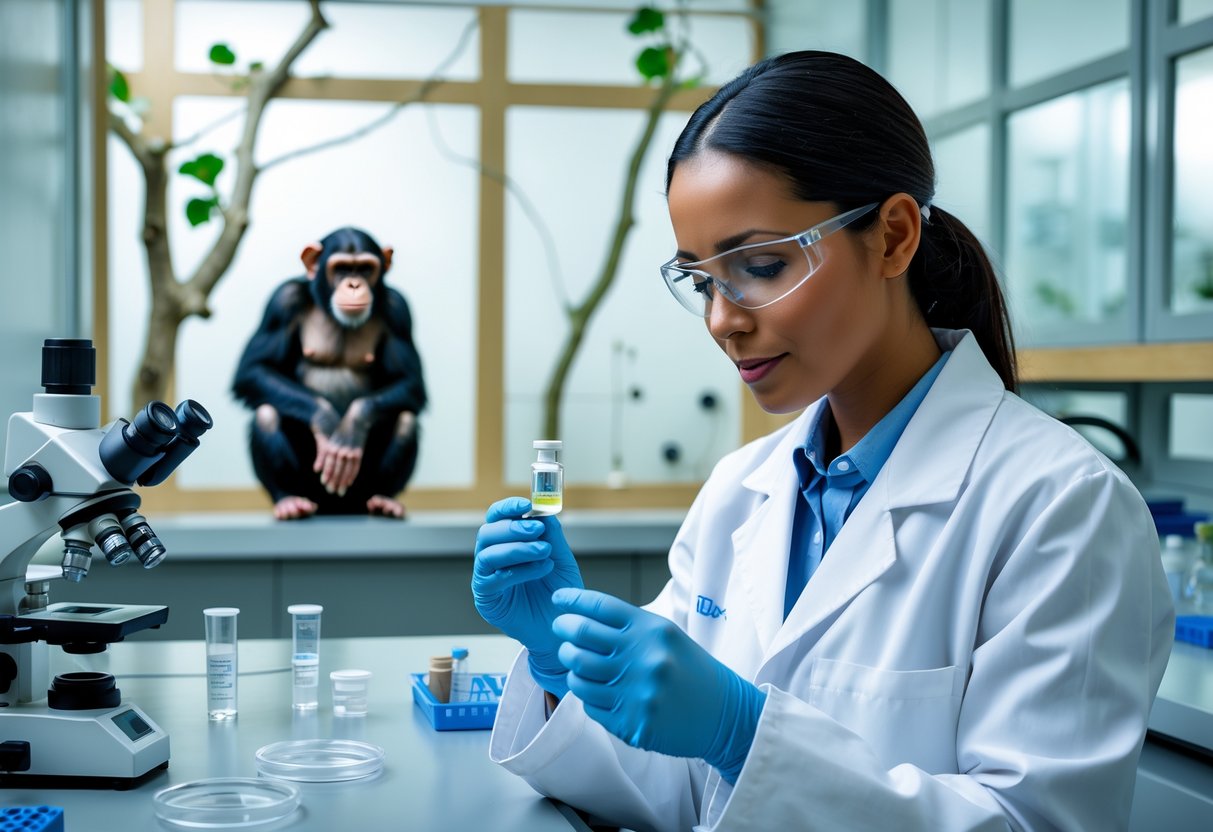 A scientist in a lab coat holding a vial with a chimpanzee sitting calmly in a secure enclosure in the background.