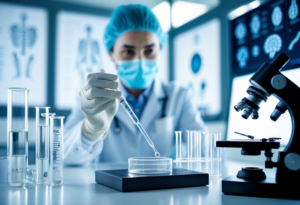 A scientist in a lab coat working with a petri dish and pipette in a clean laboratory with microscopes and scientific equipment.