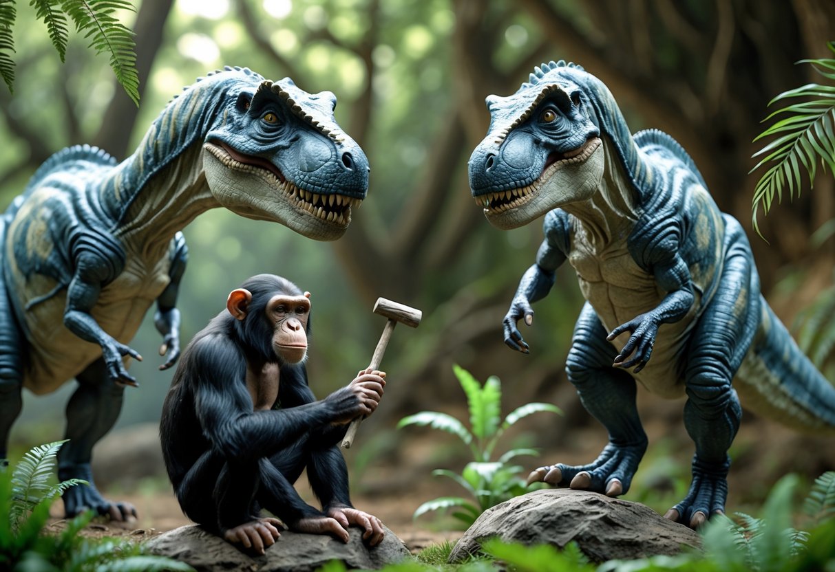 A Tyrannosaurus rex and a chimpanzee facing each other in a forest setting, both appearing thoughtful.