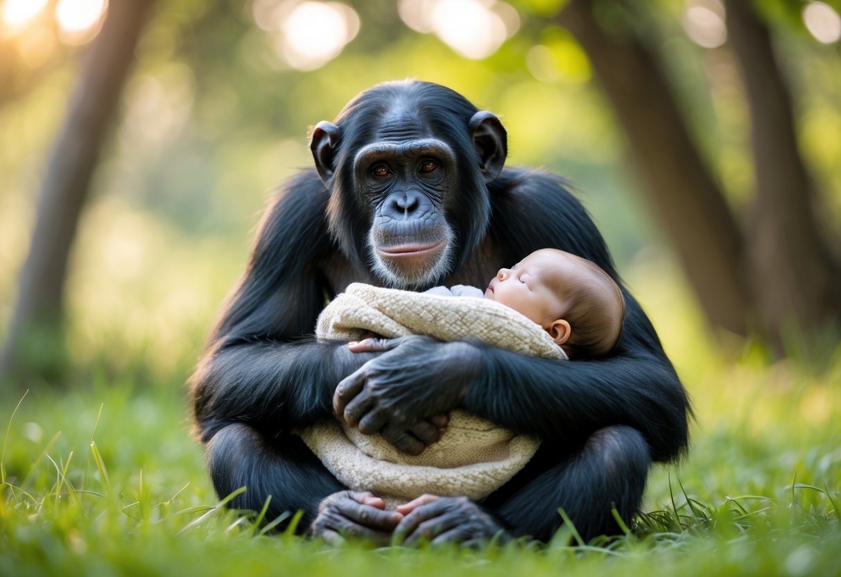 A chimpanzee gently holding a human baby outdoors in a peaceful setting.