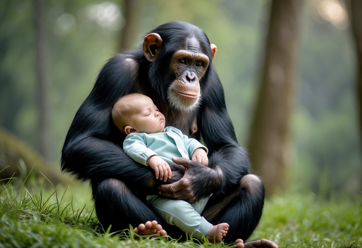 A chimpanzee gently holding a human baby outdoors in a natural setting.