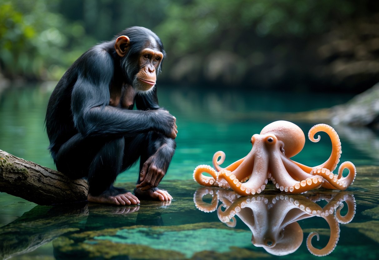 A chimpanzee sitting near a tide pool looking at an octopus underwater surrounded by rocks and coral.