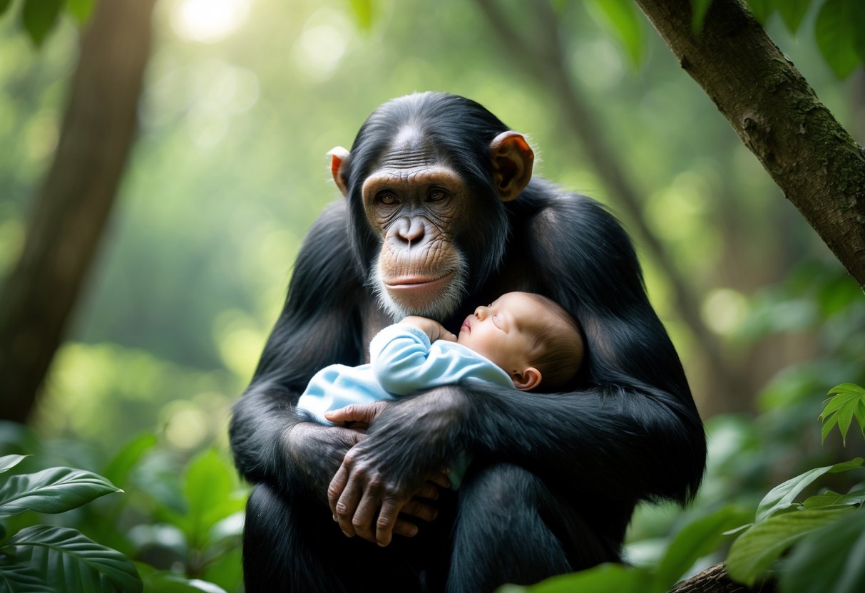 A chimpanzee gently holding a sleeping human baby in a forest clearing.