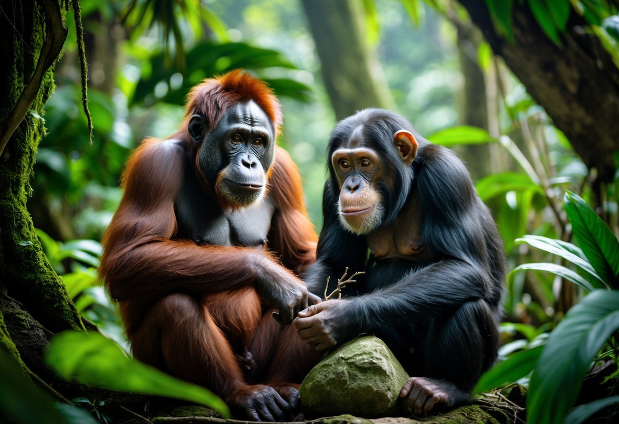 An orangutan and a chimpanzee sitting close together in a dense rainforest, both looking curious and attentive.
