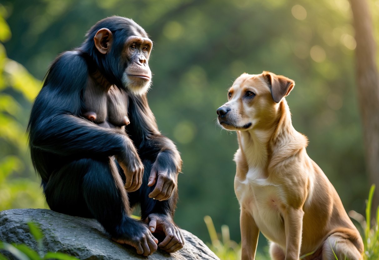 A chimpanzee and a dog sitting side by side outdoors, looking at each other thoughtfully.
