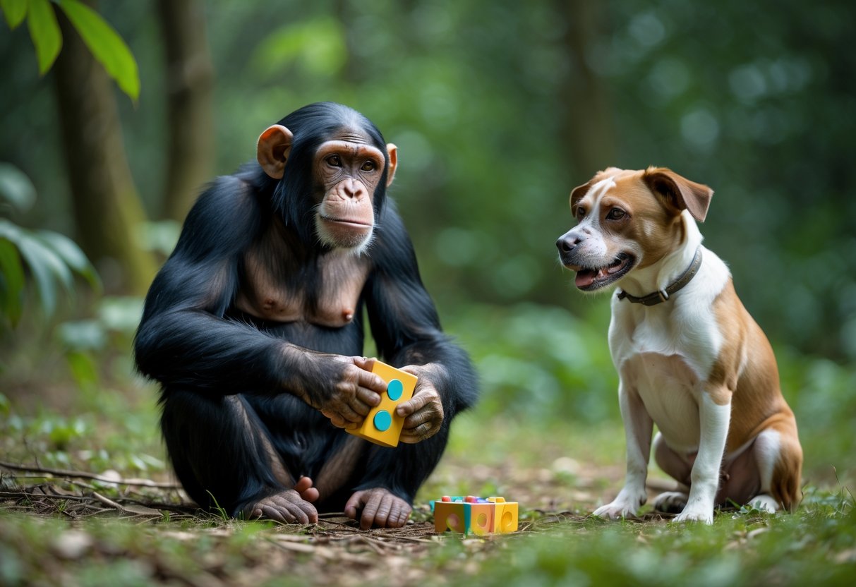 A chimpanzee and a dog sit facing each other outdoors, both appearing attentive and engaged with puzzle toys in a natural setting.