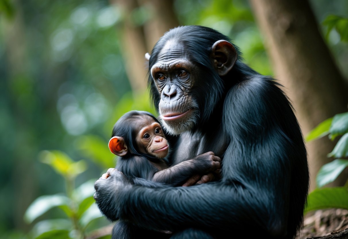 A mother chimpanzee holding her newborn baby chimpanzee in a forest setting.