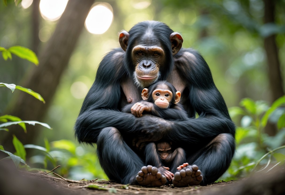 A chimpanzee mother sitting on the forest floor holding her newborn baby chimpanzee in her arms.