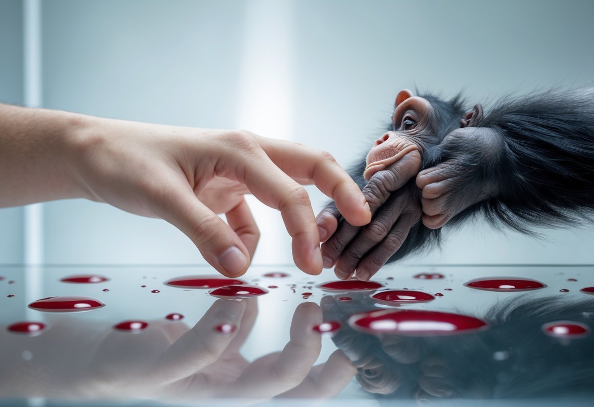 A human hand and a chimpanzee hand reaching towards each other with blood droplets on a glass surface between them.