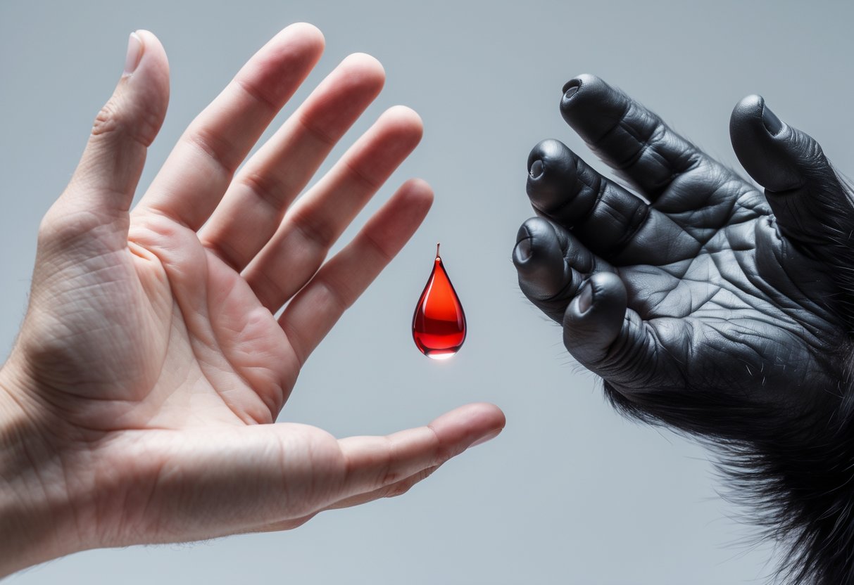 A human hand and a chimpanzee hand reaching towards each other with a glowing red blood droplet between them.