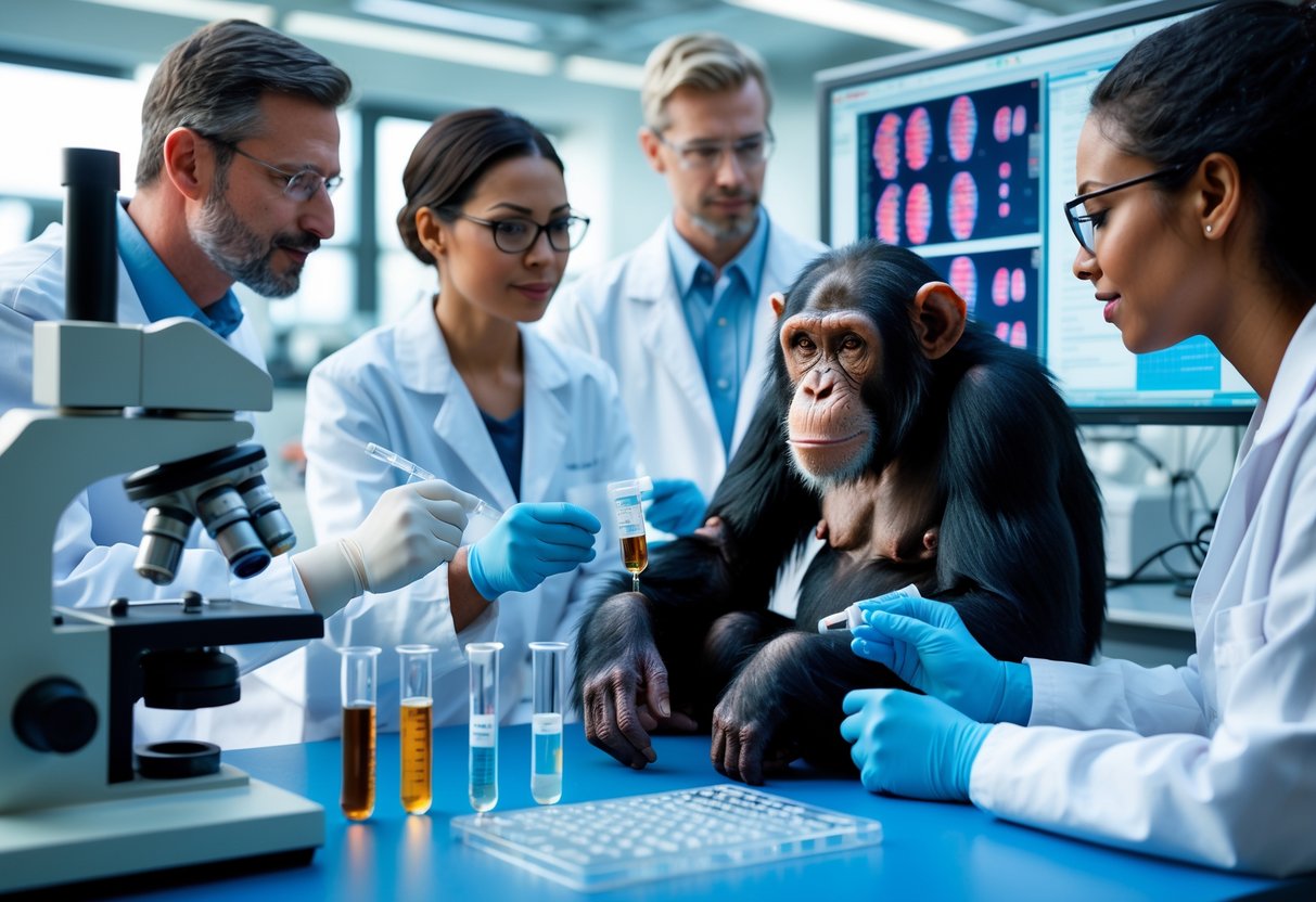 Scientists in a lab examining blood samples near a chimpanzee in a secure enclosure, discussing research.