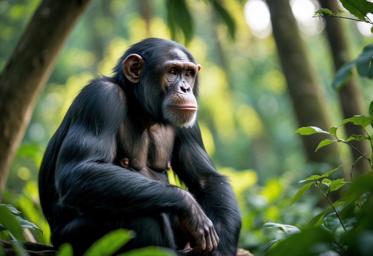A chimpanzee sitting thoughtfully in a green forest, looking into the distance.