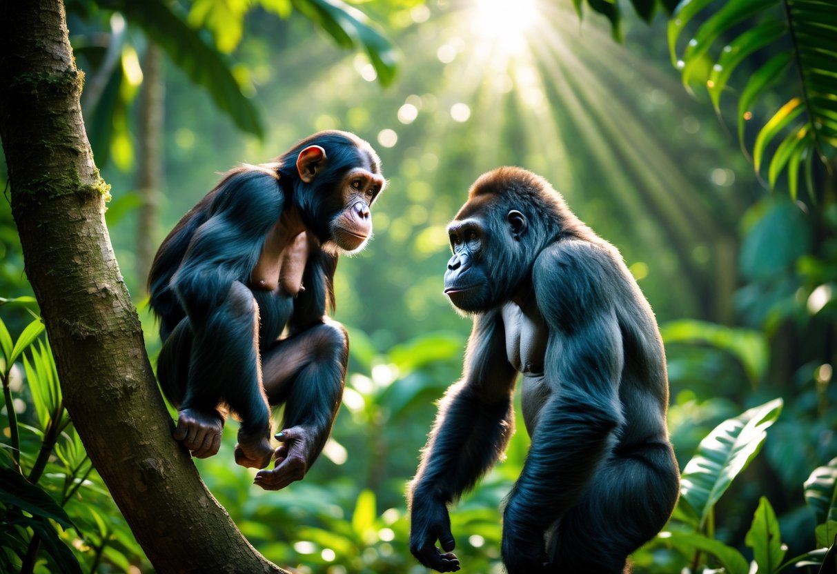A chimpanzee on a tree branch looking at a gorilla standing on the forest floor surrounded by green jungle plants.