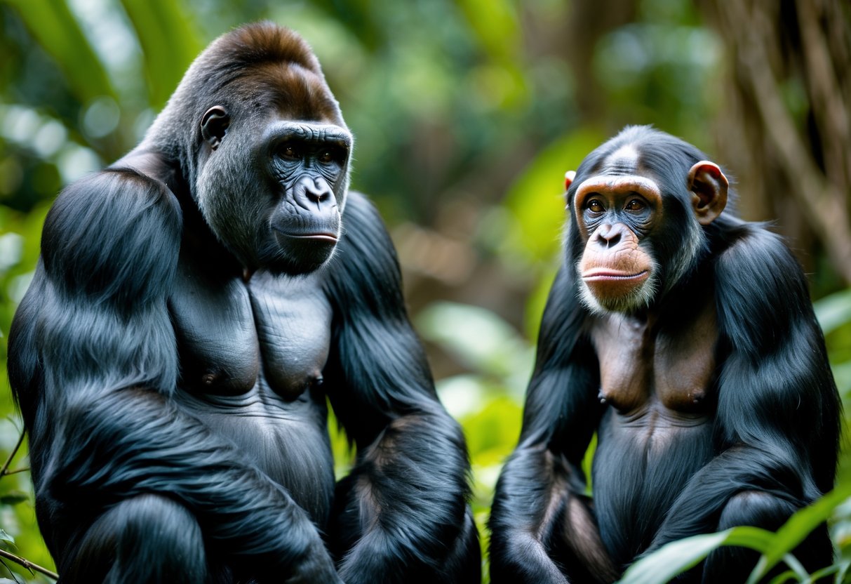 A gorilla and a chimpanzee sitting side by side in a jungle setting.