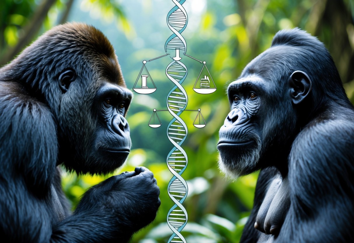 A gorilla and a chimpanzee facing each other in a jungle setting with digital scientific symbols floating between them.