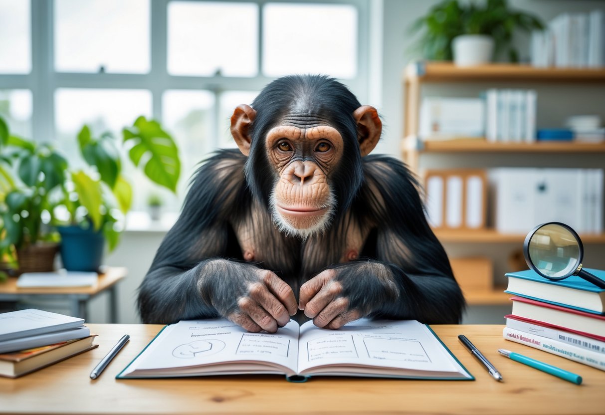 A chimpanzee sitting at a desk looking thoughtfully at an open notebook with scientific tools and books around.