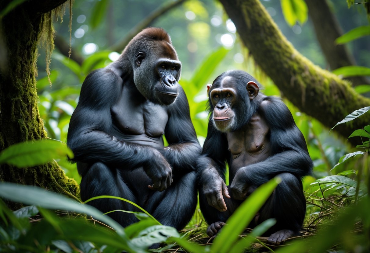A gorilla and a chimpanzee sitting peacefully together in a green jungle environment.