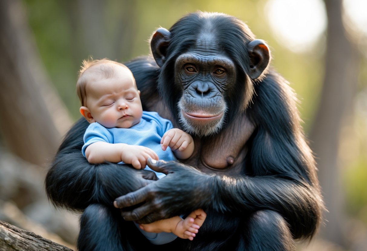 A chimpanzee gently holding a calm human baby outdoors.