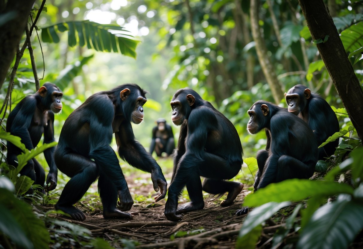A male chimpanzee showing dominant behavior toward a female chimpanzee in a forest setting, with other chimpanzees nearby.
