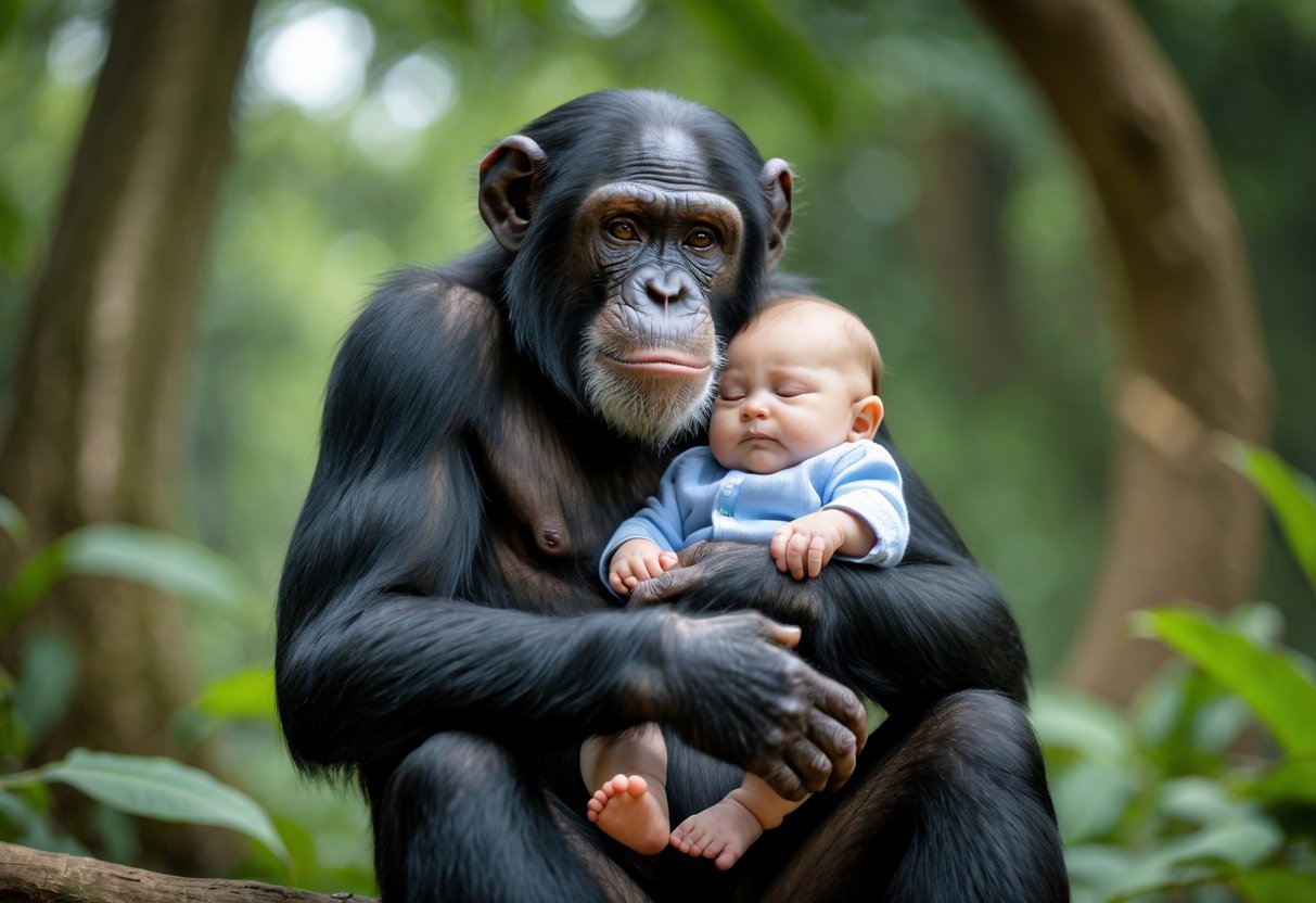 A chimpanzee gently holding a human baby in a forest setting.