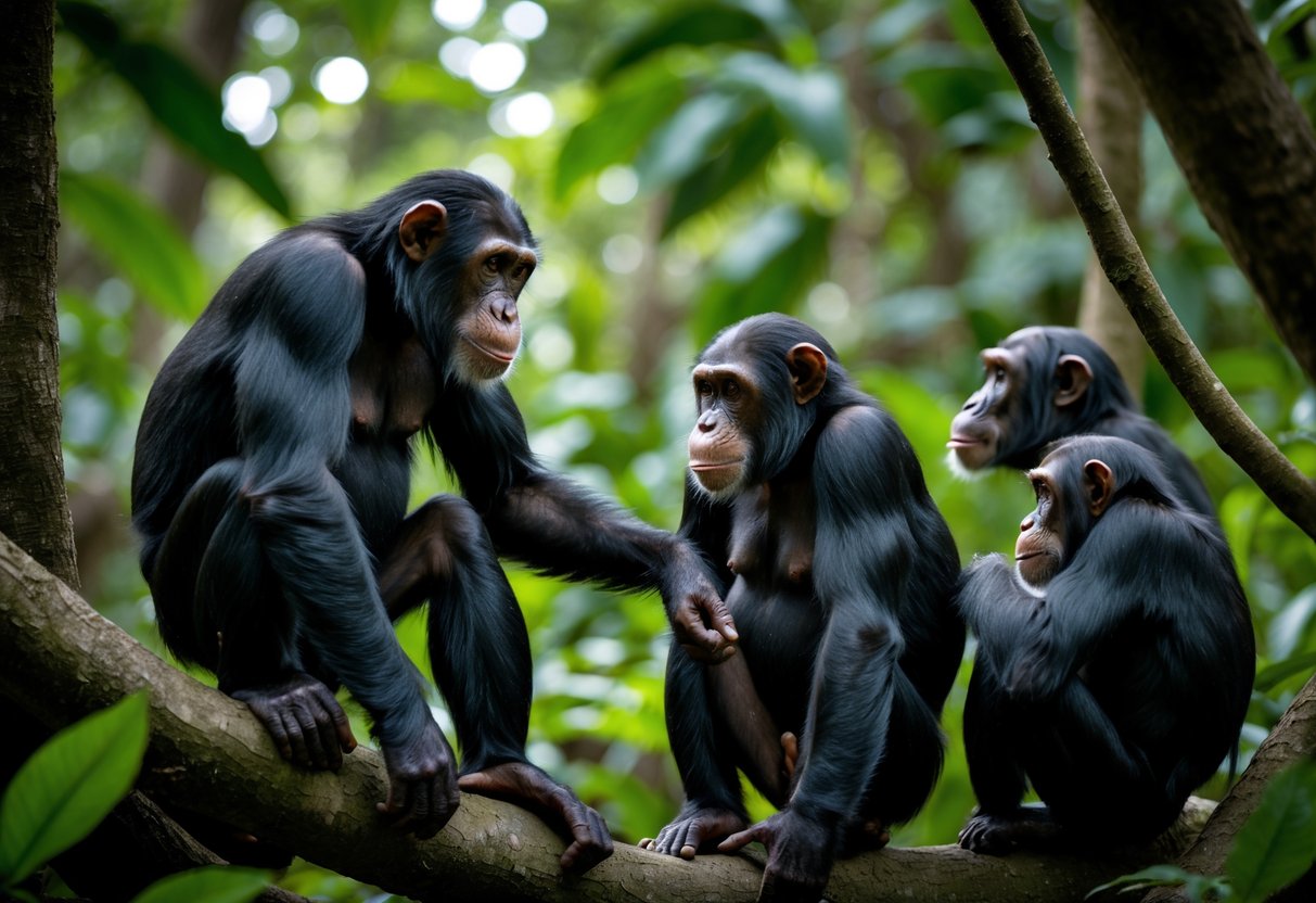A dominant male chimpanzee interacts assertively with a female chimpanzee while other chimpanzees watch in a forest setting.