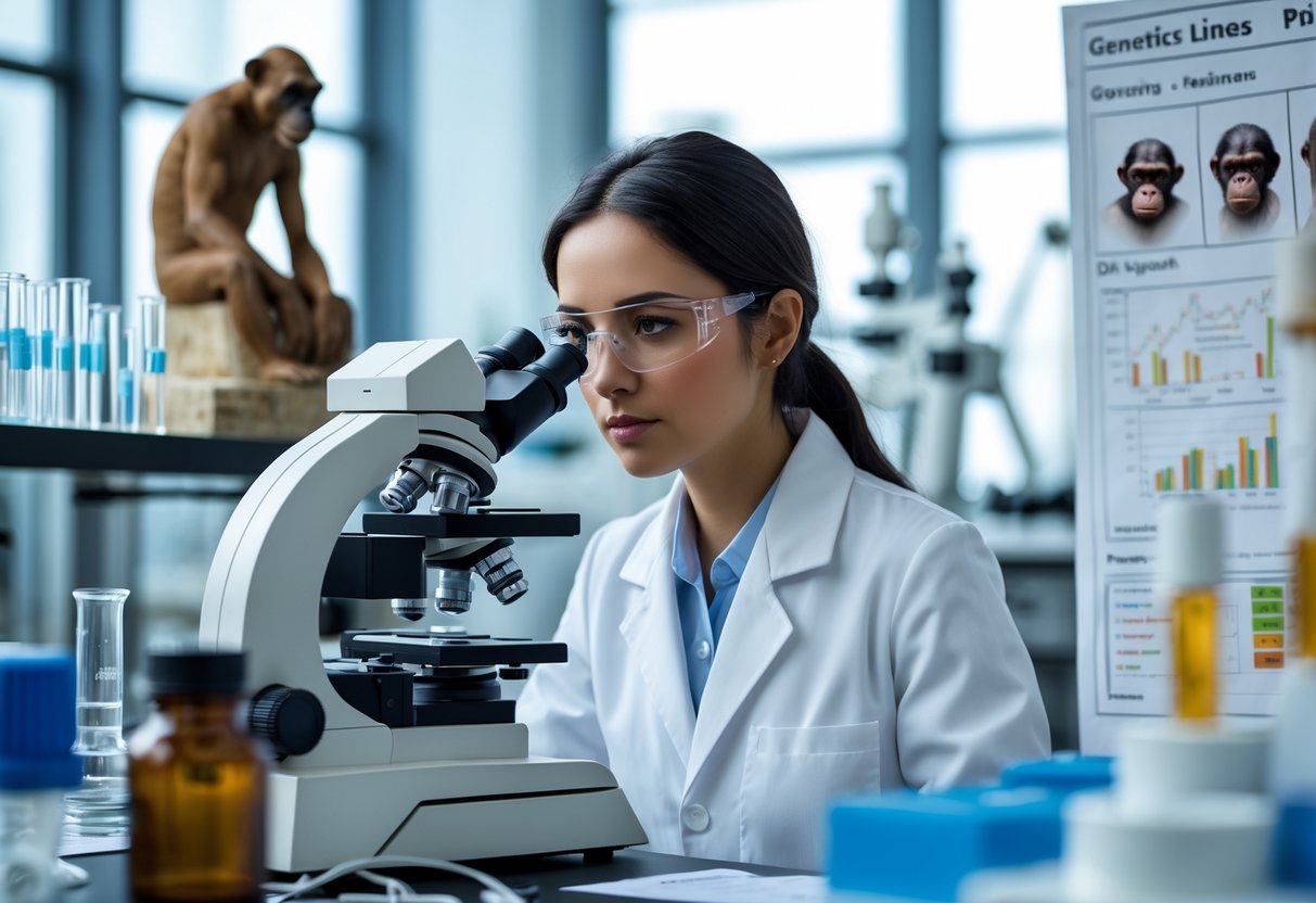 A female scientist in a lab coat examining genetic samples in a laboratory with DNA models and scientific equipment around her.
